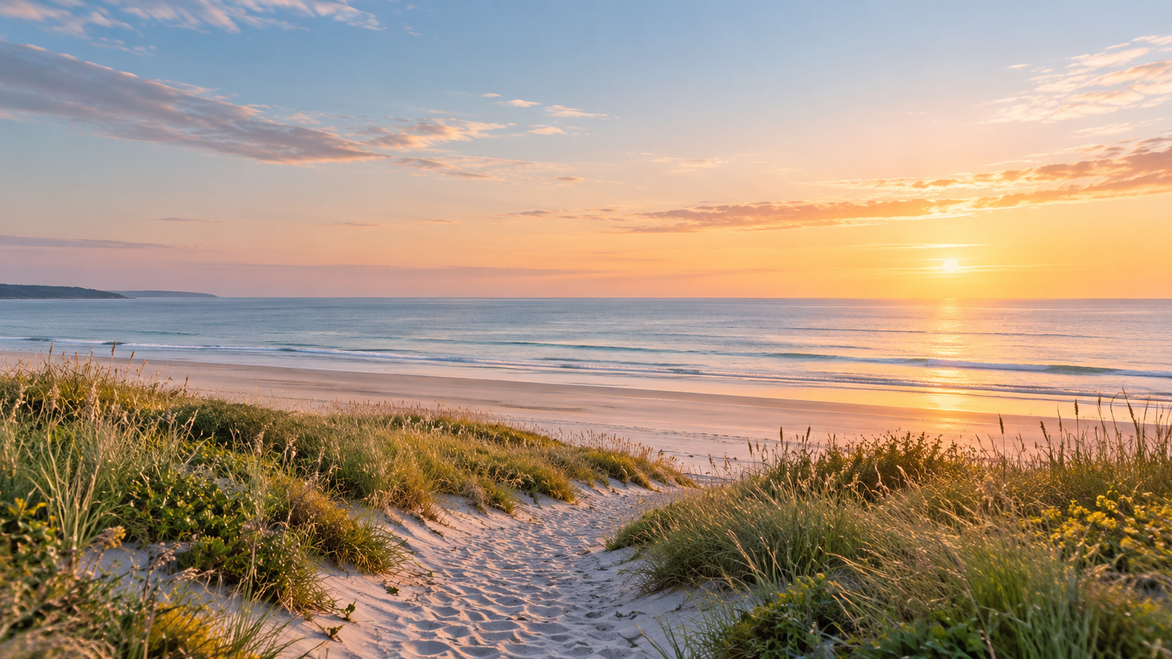 Golden coastal dunes at sunset