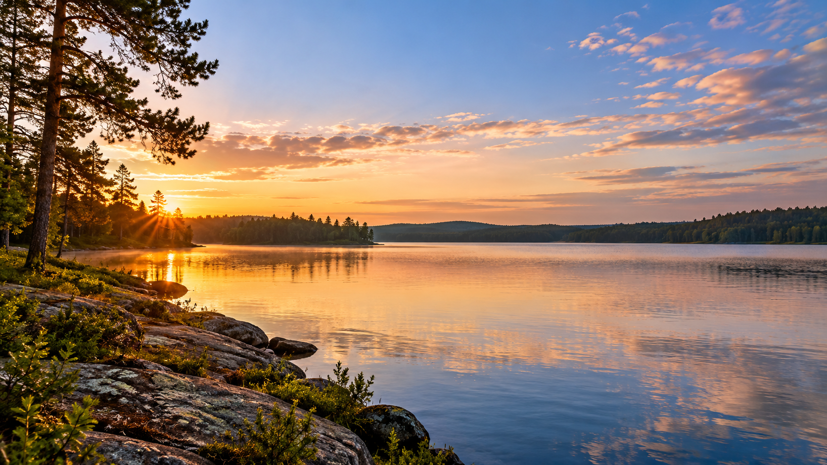 Golden hour light reflecting across a calm lake