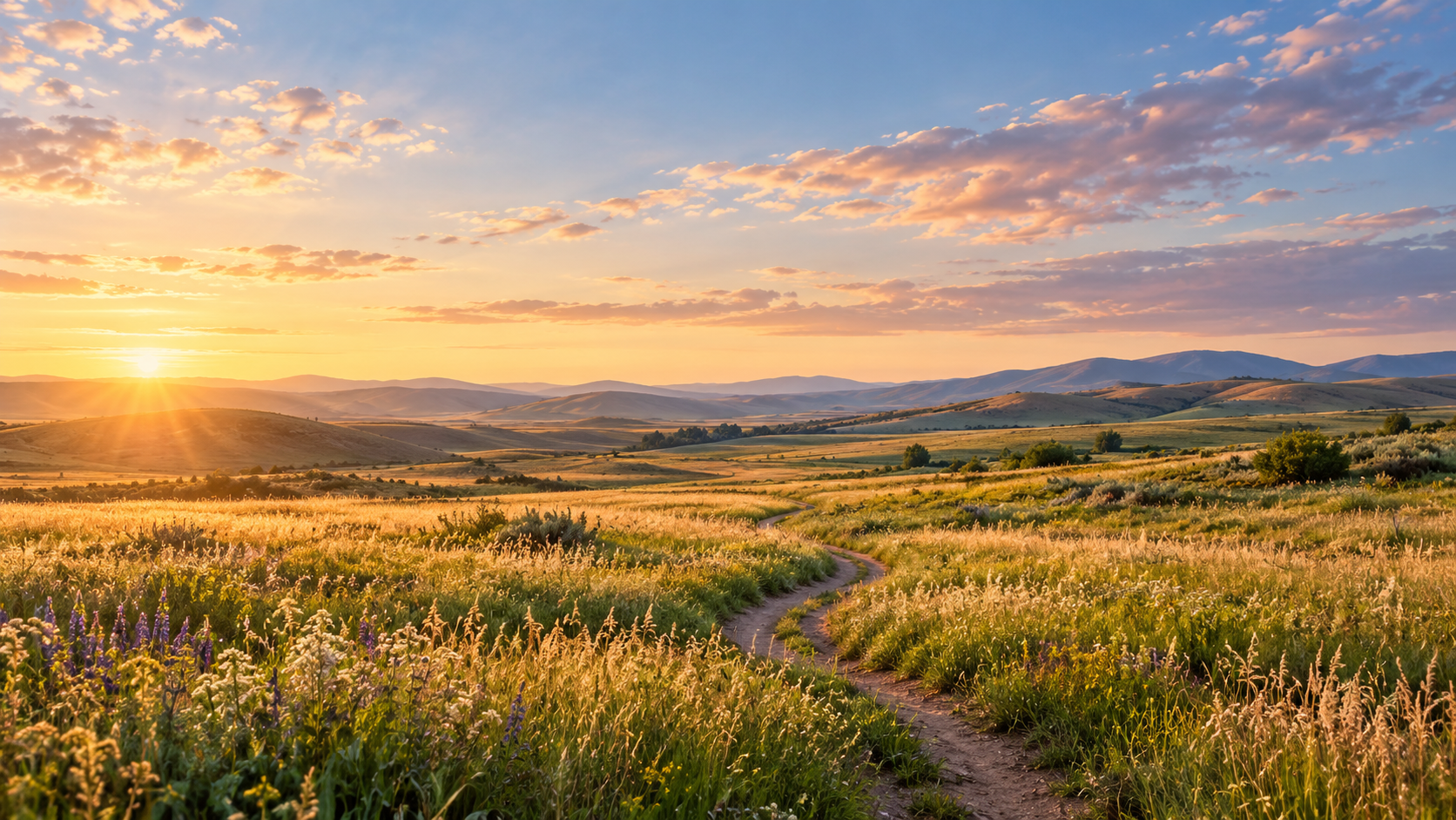 Golden meadow path illuminated by warm sunrise light