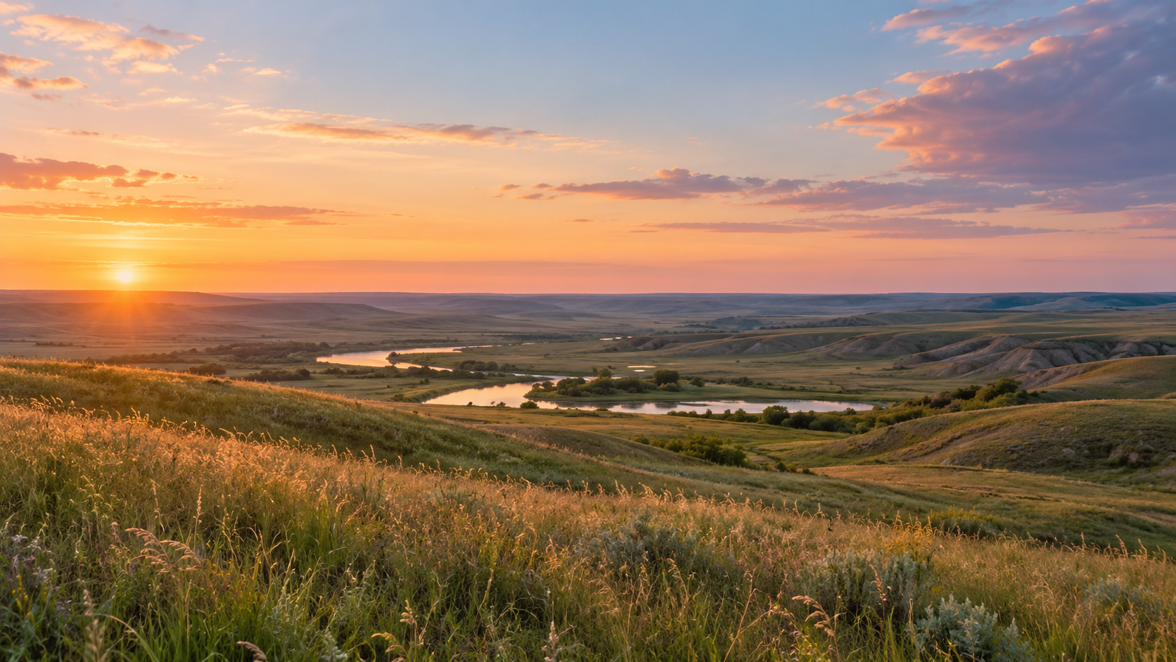 Golden prairie river landscape at sunset